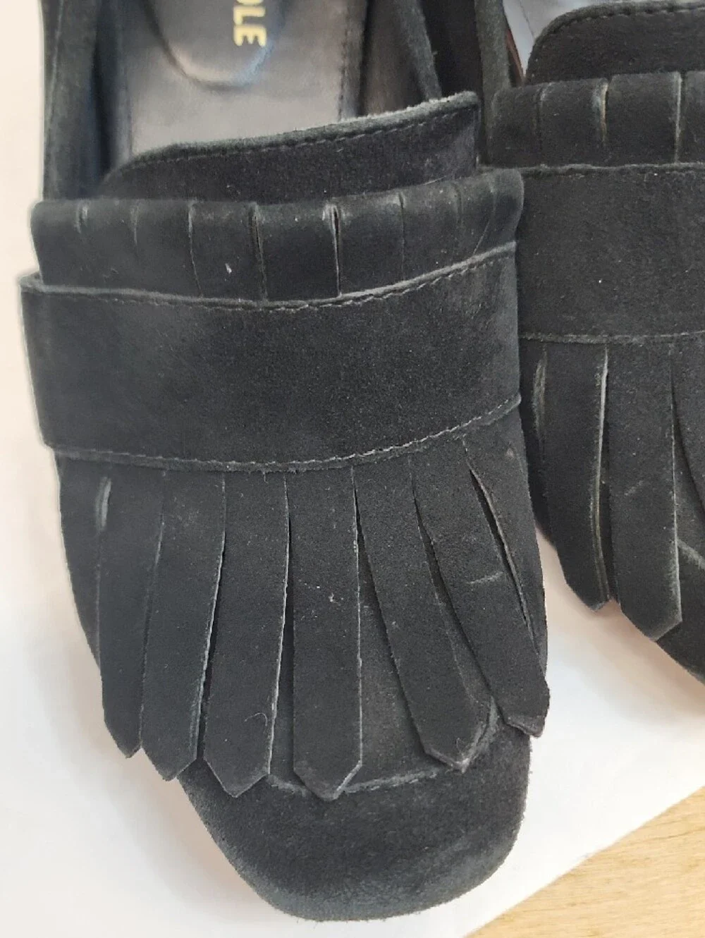 Black Suede Fringe Block Heel Loafers - Women